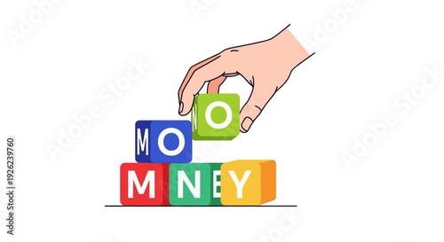 Building the word MONEY with colorful alphabet blocks, hand adding final letter O