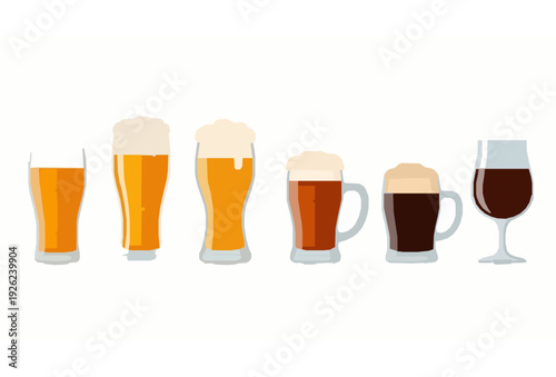 Flat Vector Set of Beer Glasses Isolated on White Background with Lager Pilsner Stout and Ale
