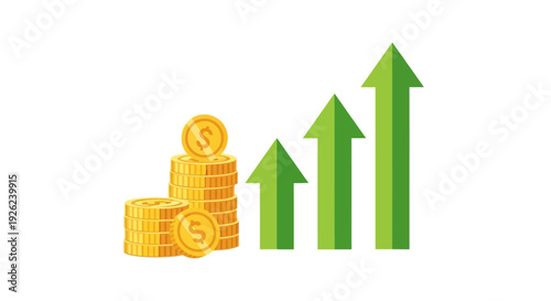 Financial Growth Concept: Stacked Gold Coins and Upward Green Arrows Graph