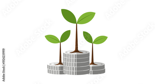Financial Growth Concept: Plants Sprouting from Stacked Coins