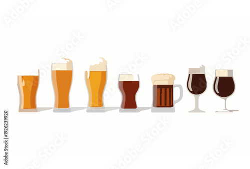 Flat Vector Set of Beer Glasses Isolated on White Background with Lager Pilsner Stout and Ale