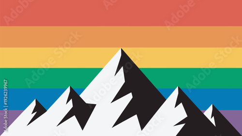 A vibrant rainbow flag waving in front of a majestic mountain range