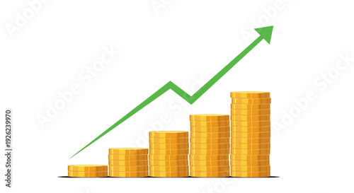 Financial Growth Concept: Stacks of Gold Coins with Upward Trend Arrow