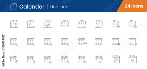 Calendar Outline Icons Set of 24. Date, Schedule, Event Planner Linear Editable Stroke Icons Vector
