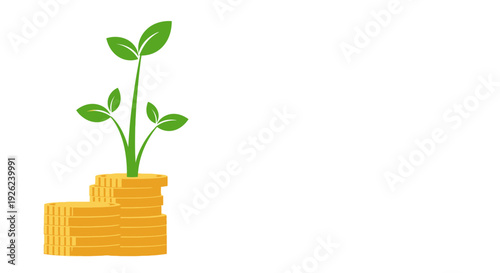 Green sprout growing from stack of gold coins, representing financial growth and investment.
