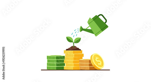Growing Money Plant: Coins Stacked with Watering Can Sprouting Green Plant