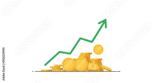 Gold coins stacked with a rising green arrow graph, symbolizing financial growth and success.