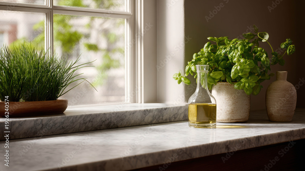 Fototapeta premium Sunlit Kitchen Scene with Stone Counter and Fresh Herbs in Glass Containers