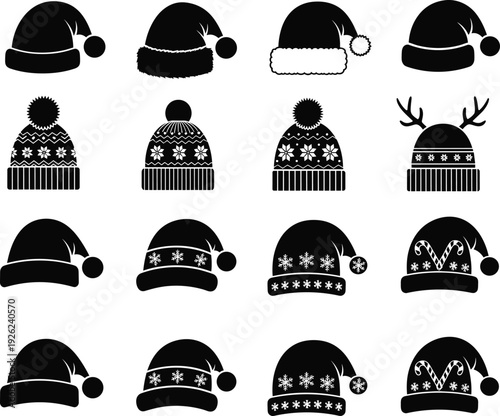 Vector collection of black Christmas hat silhouettes, featuring Santa Claus hats, winter beanies with snowflakes, reindeer antlers, and pompom caps for holiday design