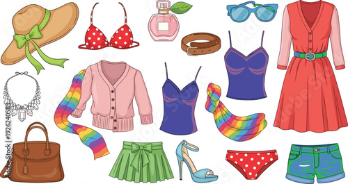 Vector collection of trendy summer fashion clothes and accessories including red polka dot bikini pink cardigan green skirt blue high heels and jewelry