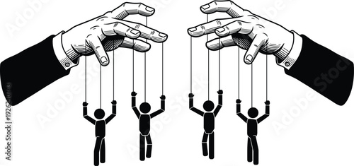 Hands controlling human puppets with strings, manipulation silhouette vector illustration, authority power icons, social political control design elements for stock graphics artwork