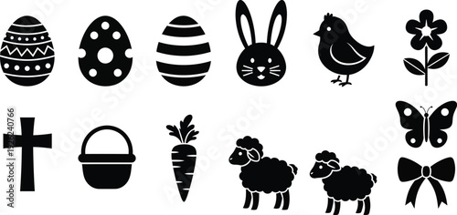 Easter symbols collection: decorated eggs, a bunny face, a chick, flowers, a basket, a cross, a carrot, a lamb, a butterfly, a tulip, and a jelly bean for  Easter celebrations and spring holidays. 