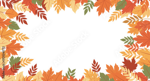 Rectangular frame made of various autumn leaves in shades of orange yellow red and green for seasonal fall designs.