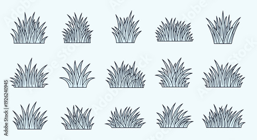 Collection of fifteen different line art tufts of grass in various sizes and shapes for landscape and nature design.