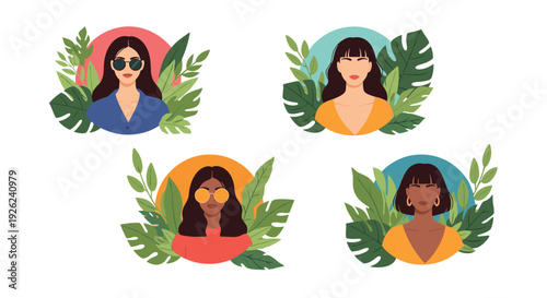 Four feminine portraits of diverse women framed by lush tropical leaves and circular backgrounds in warm summer colors.