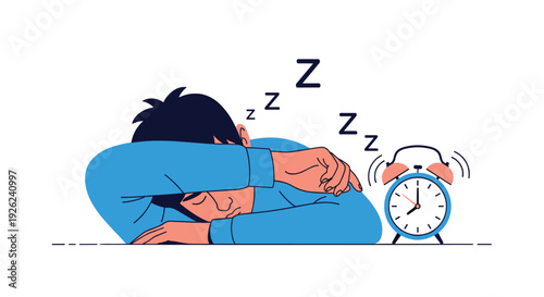 Tired man sleeping on his desk with his arms folded while an alarm clock rings loudly with zzz sleep symbols nearby.