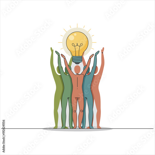 Diverse group of people raising hands with a glowing lightbulb above them symbolizing teamwork and innovation