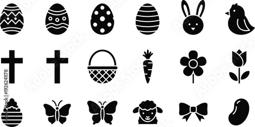 Easter symbols collection: decorated eggs, a bunny face, a chick, flowers, a basket, a cross, a carrot, a lamb, a butterfly, a tulip, and a jelly bean for  Easter celebrations and spring holidays. 