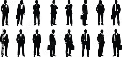Business professionals, figures of men in suits, some carrying briefcases or posing with folded arms. Corporate design, branding, and illustrating teamwork concepts. 