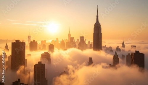 Sunlit Manhattan Skyline Emerging from Soft Clouds