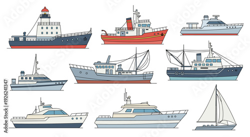 Collection of nine different commercial and recreational ships including fishing boats yachts and a classic sailboat.