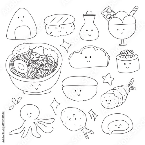 coloring book for presschool. Kawaii Japanese Food Collection Cute Illustrations of Sushi, Ramen, and Desserts