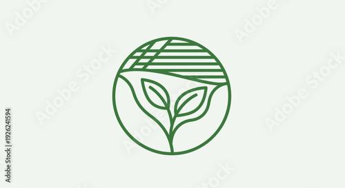 Simple green line art illustration of a sprouting plant within a circular frame depicting growth and nature