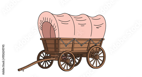 Vintage wooden covered wagon with a pink canvas top and large wooden wheels used for long distance travel and transport.