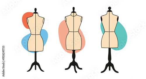 Three tailor mannequins on stands against colorful abstract backgrounds for fashion design and dressmaking concept.