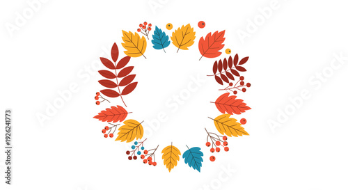 Autumn seasonal leaf wreath with colorful foliage and red berries arranged in a circular frame on a white background for fall decoration.