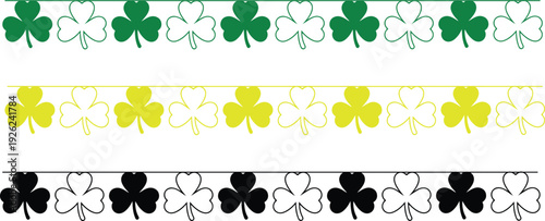 Decorative green shamrock border patterns on a white background. Vector, illustration