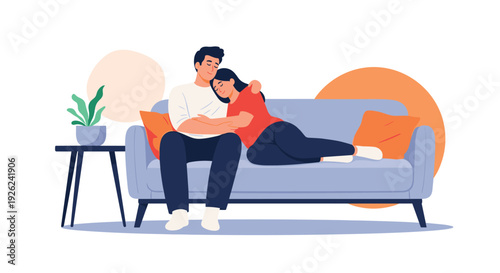 Romantic couple sitting on a blue sofa and hugging in a modern living room setting illustrating love, comfort, and companionship at home.