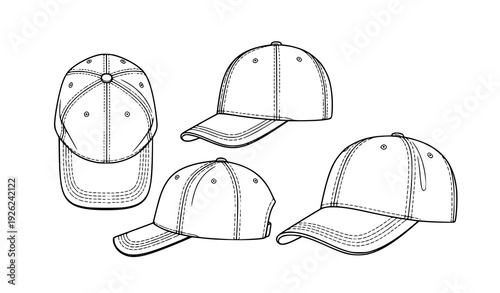 Baseball cap outline vector set with top front side and perspective views minimal apparel design template isolated on white
