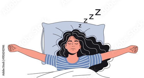 Young woman sleeping peacefully in bed with arms outstretched representing deep rest, comfort, and healthy sleep habits at home.