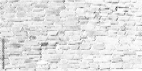 Hexagon halftone gradient texture. Abstract black grunge background. Geometric retro halftone tech wallpaper. Fading wavy hexagonal pattern backdrop. Vector vanishing honeycomb grunge bitmap overlay