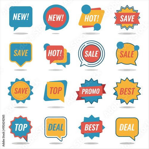 Collection of colorful promotional speech bubbles and badges for marketing and advertising campaigns on a white background