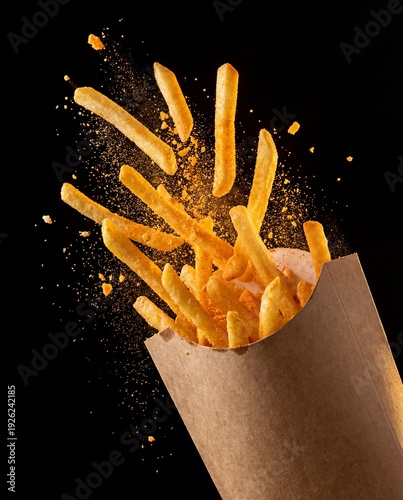 Wallpaper Mural Flying French Fries with Seasoning Powder Explosion on Black Background Torontodigital.ca