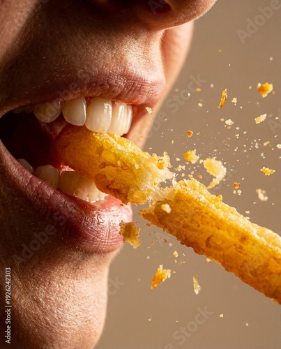 Wallpaper Mural Close Up Bite of Crispy French Fry with Crunch and Crumbs Flying Torontodigital.ca