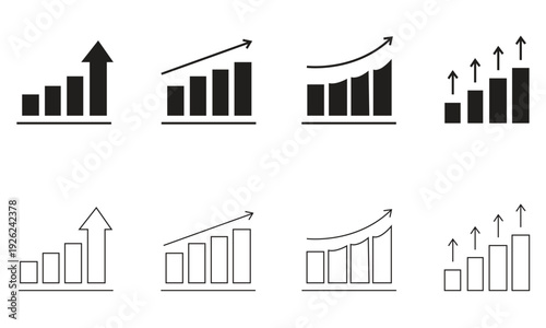 Set of 8 black and white icons representing business growth and upward trend charts vector illustration