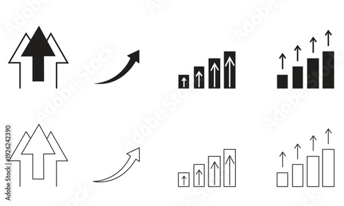 Collection of black and white icons showing upward arrows and bar chart growth vector illustration