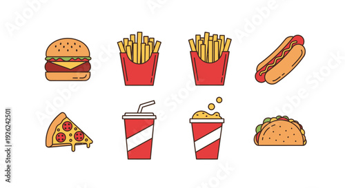 Assorted fast food illustrations burgers, fries, pizza, hotdog, and tacos on a clean background
