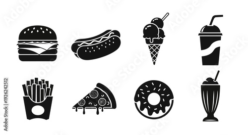 Collection of Food Icons Featuring Burger, Hotdog, Icecream, and Other Treats
