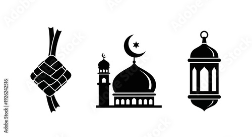Islamic Symbols Whisk Vector Illustration Featuring Mosque Lantern and Dates