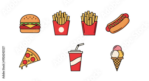 A collection of vibrant fast food items including a burger, fries, hotdog, pizza, drink, and ice cream, displayed in a clean and modern illustration style 