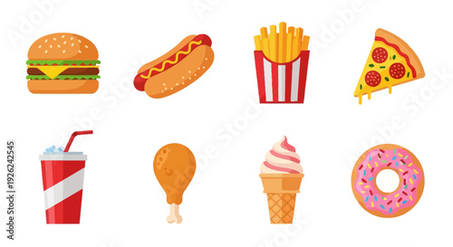 Assorted Fast Food Items including Burger, Hotdog, Fries, Pizza, Soda, Chicken, Icecream, Donut displayed on a clean background