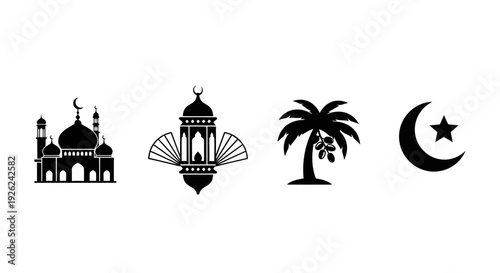 Diverse Cultural Symbols Featuring Mosque, Architecture, Palm Tree, and Celestial Bodies Illustration