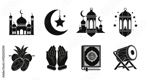 Islamic icons collection featuring mosque, crescent moon, lanterns, dates, hands in prayer, holy book, and megaphone on a clean background