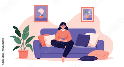 Woman sitting comfortably on a blue sofa and using a smartphone in a modern living room for social media or communication.