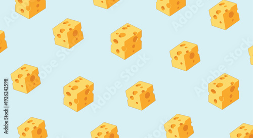 Seamless pattern of yellow cheese cubes with holes on a light blue background for food packaging and kitchen decor.