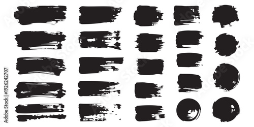 Bundle of heavy ink brush strokes and round paint blobs for artistic background elements and vector icons